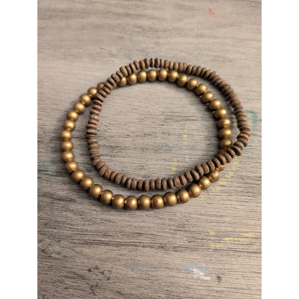 Boho Beaded Stretch Bracelet Set Gold Tone Metallic and Brown Wood Beads